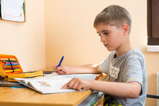 Hausaufgaben-Stunde im Kinderhaus am Wald: ein kleiner niedlicher Junge löst konzentriert eine Aufgabe. Die bunte Federmappe, das Lehrbuch und sein Aufgabenheft liegen auf dem Schreitisch.