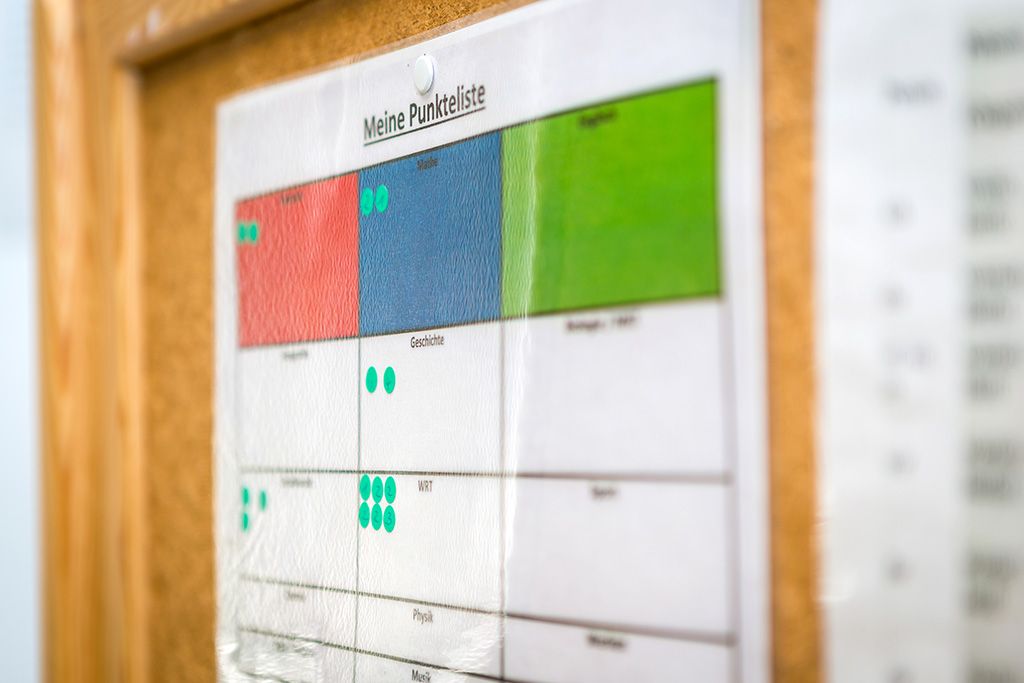 An einer Pinnwand aus Kork werden die Leistungen der Schüler in einer bunten Punkteliste festgehalten.