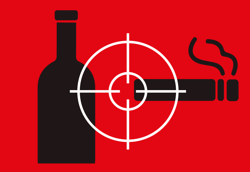 Grafik Alkohol und Zigarette symbolisch im Visier auf rotem Untergrund